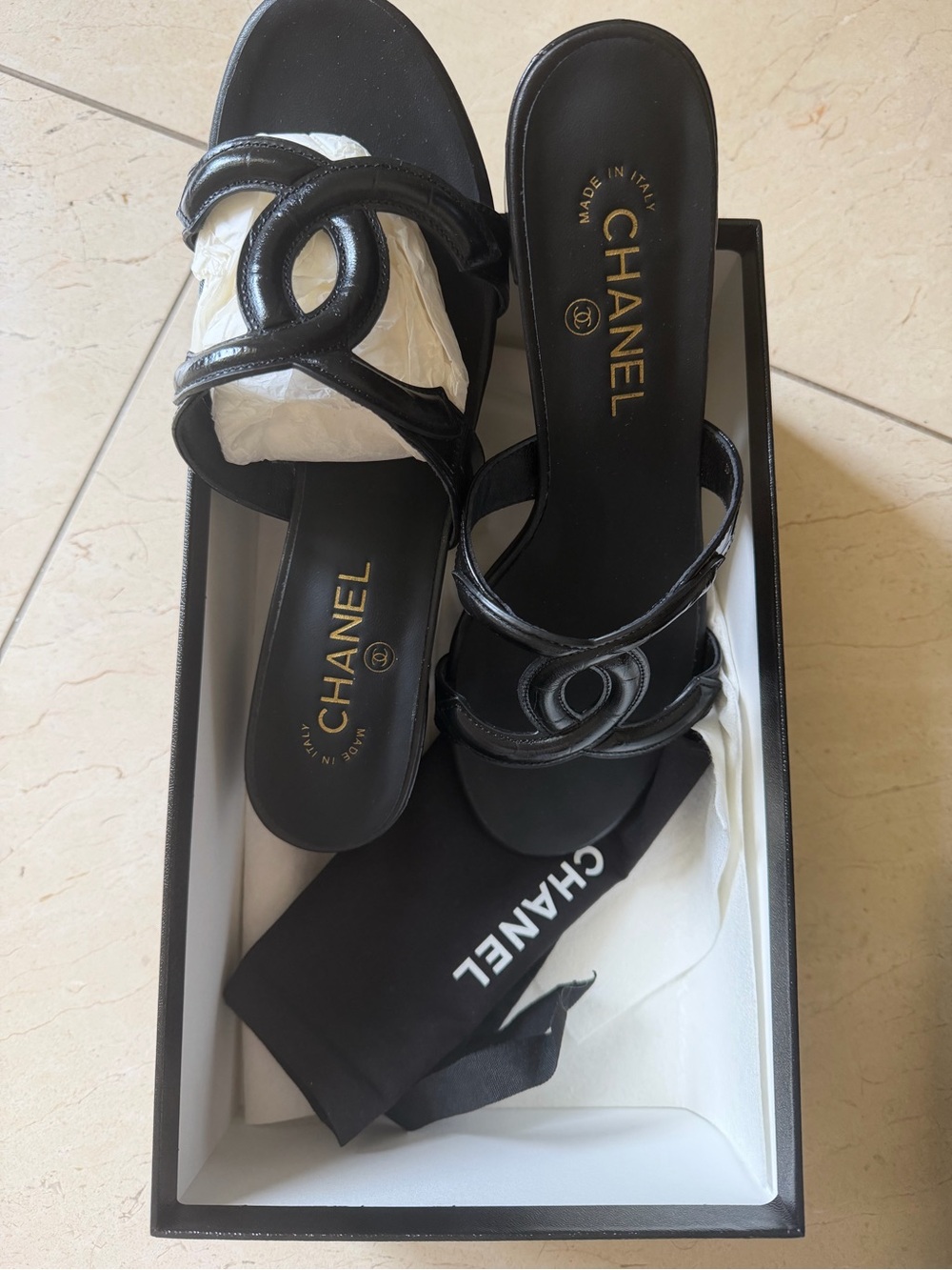CHANEL Black Leather Logo Mule Sandals
